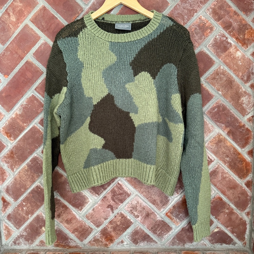 Wooden Ships Sweater Womens S Oversized Green Camo Mohair Wool Chunky Cropped
